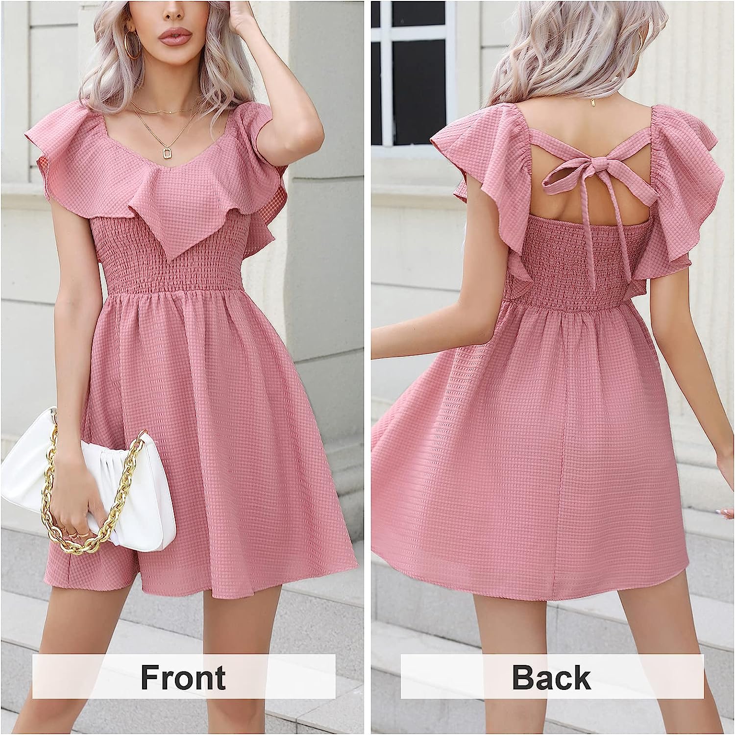 EXLURA Women's Summer Ruffle Casual Dress V Neck Lace A Line Backless Mini Dresses Flowy Wedding Guest Party Sundresses - Image 4